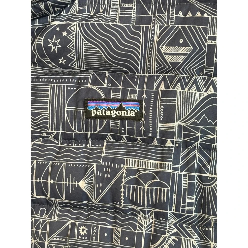 Patagonia Down Sweater Jacket Navy Blue Geometric Kids Large 12 Puffer Zip‎